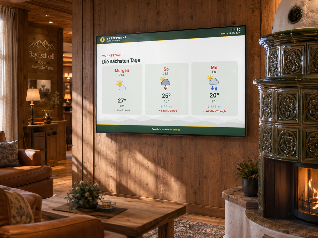 Treffpunkt Infoscreen auf einem TV in der Hotel-Lobby